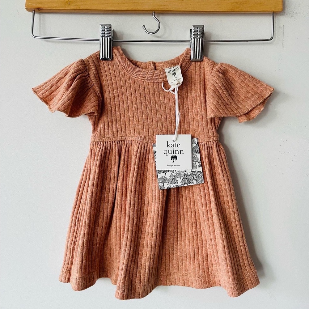 Kate Quinn Organic Cotton flutter sleeve rib knit cotton peach holiday dress NWT